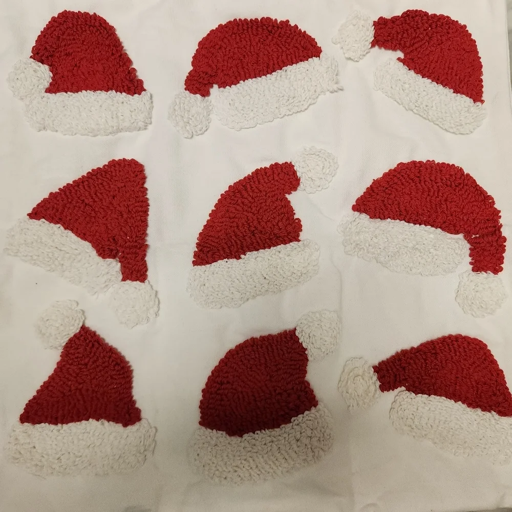 Set of 2 Tufted Santa Hat Pillow Covers Punch Needle Christmas Decor White & Red